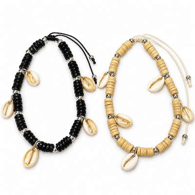 Bundles of 10 Wooden Beaded Anklet with Cowrie Shells Assorted