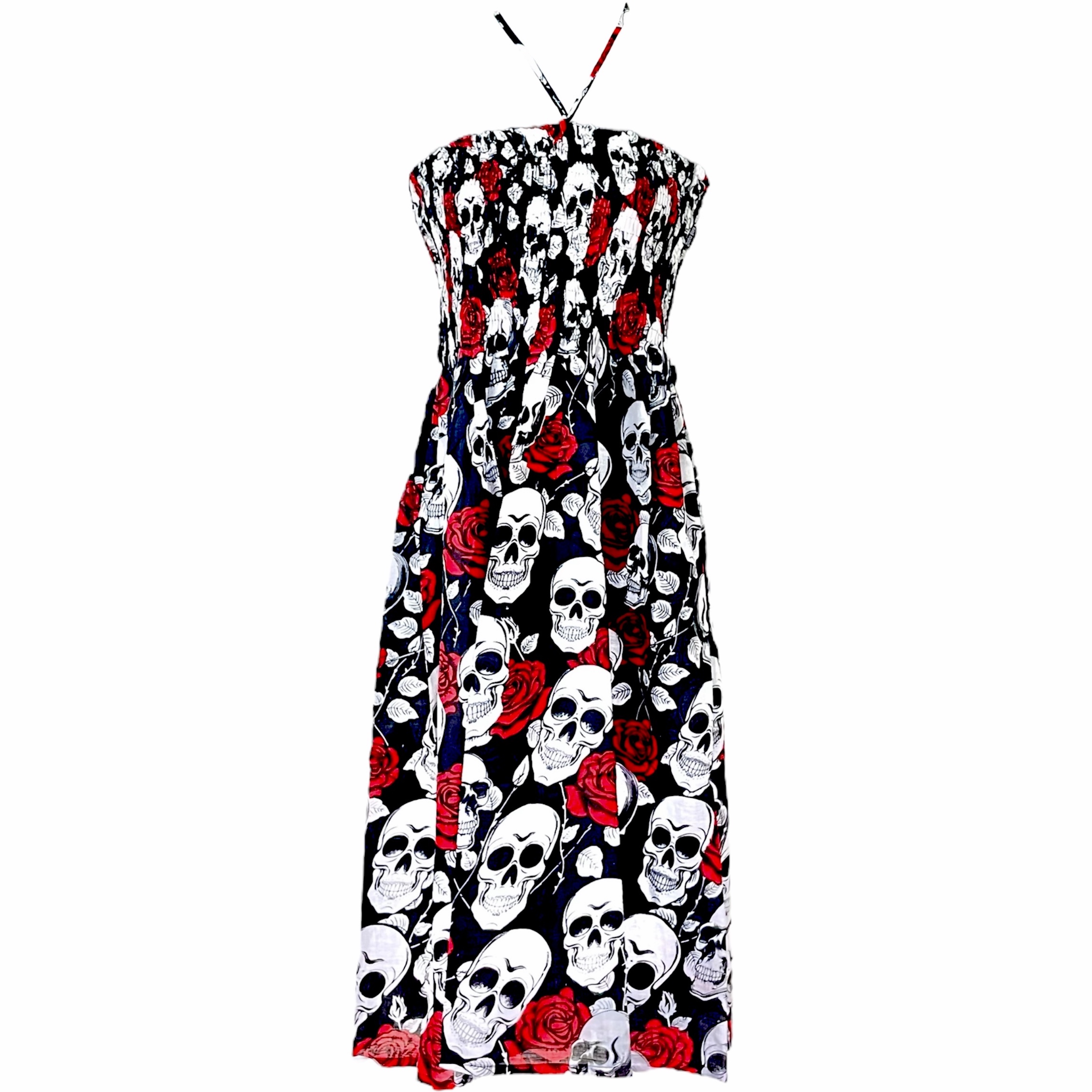 Skull & Roses Printed Cotton Tie-Up Shearing Elastic Dress