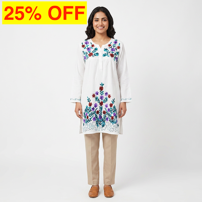25% OFF - White Embroidered Long Sleeve Kurta