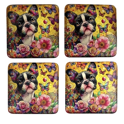 4 x Square Flower Puppy Glass Fridge Magnets