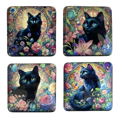 4 x Square Black Cats Glass Fridge Magnets