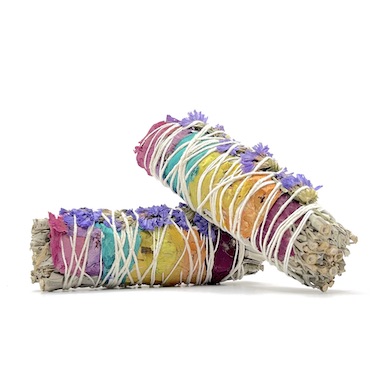 10cm Seven Chakra Purple Flowers White Sage Smudge Stick